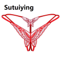 Sutuiying 【Poggioio】Women Sequin Micro Thong Lingerie Open Crotch G-String Butterfly Embroidery T-Back Panty Low Rise Underwear Majtki Damskie. 