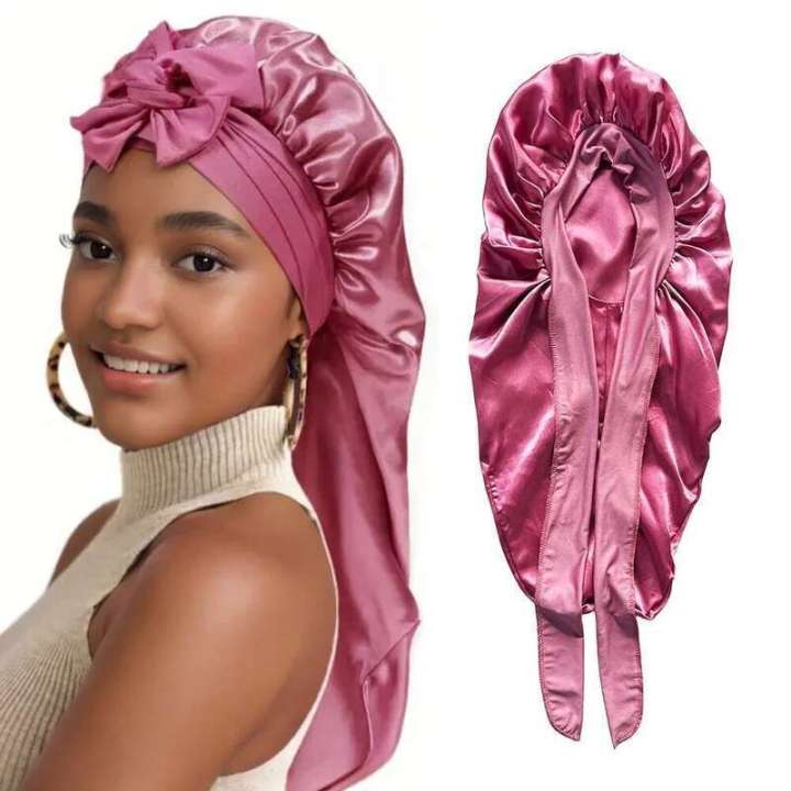 Long Silky Soft Satin Natural and Curly Extra Large Size Hair Cap with Bow for Comfortable Night Sleep 1 Piece
