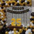 25Th Anniversary Decoration Items Surprise Gift For Wife Husband & Parents 15 Golden 15 Black 15 White Balloon Silver Foil Curtain 48 Combo Kit. 
