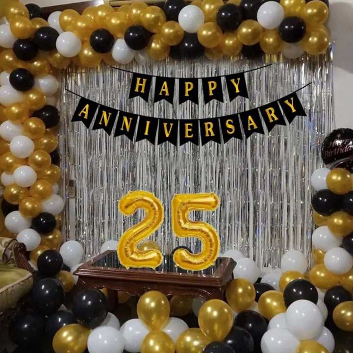 25Th Anniversary Decoration Items Surprise Gift For Wife Husband & Parents 15 Golden 15 Black 15 White Balloon Silver Foil Curtain 48 Combo Kit