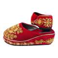 Red/Golden Color Velvet Floral Embroidered Slip On Bridal Wedge Sandals For Women. 