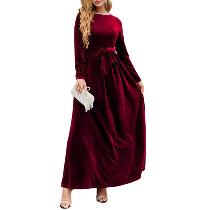Women'S Elegant Velvet Belted Pleated Long Sleeve Party Formal Wedding  Guest A-Line Maxi Long Dress Dark Red L | Daraz.com.np