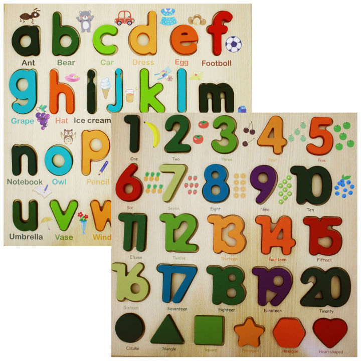 2 Pieces Colorful Wooden Educational Puzzle Set – Numerical Number (1-20) with Symbol Board & Small Letter (a-z) | Montessori Learning Toy for Baby