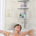 4 Tier Height Adjustable Tension Pole Plastic Tray Bathroom Organization Corner Rack Shelves With Towel Pole. 