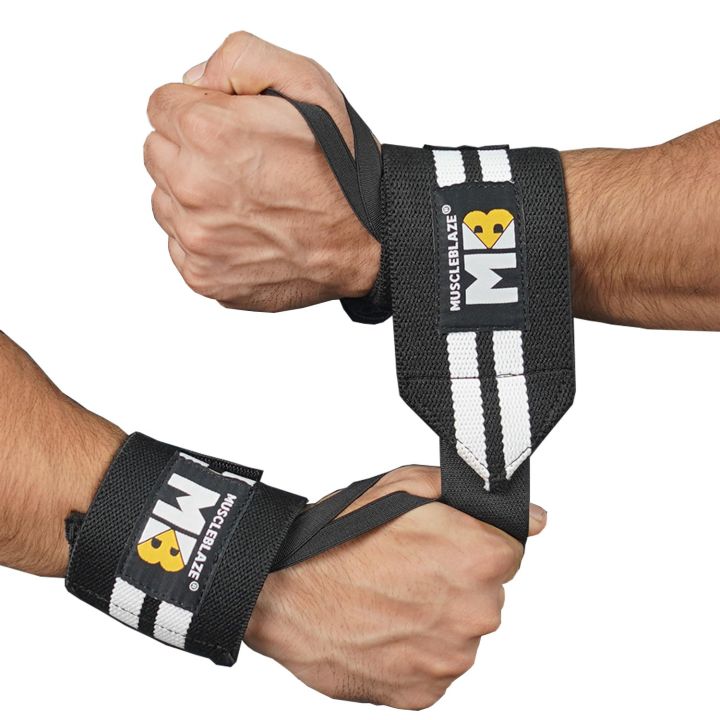 MuscleBlaze Wrist Support Wrap Black & White Free Size for Powerlifting Bodybuilding Premium Quality
