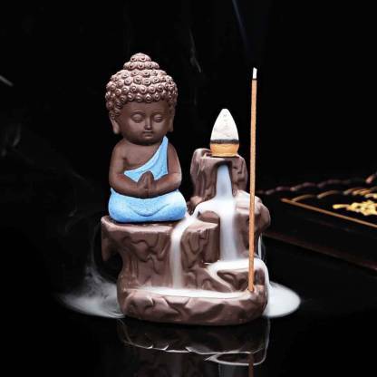 Handcrafted Meditating Little baby Monk Buddha Smoke Backflow Cone Incense Holder Decorative Showpiece - 12 cm  (Polyresin, Blue)