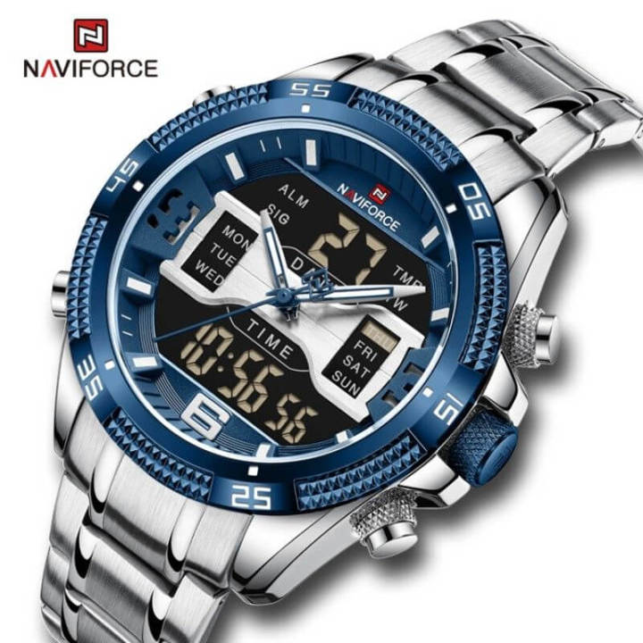 NAVIFORCE NF9201 Men's Digital Analog Stainless Steel Complete Calendar  Watch - Silver/Blue | Daraz.com.np