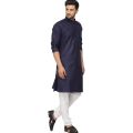 Navy Blue Solid Cotton Kurta Pajama Set For Men. 