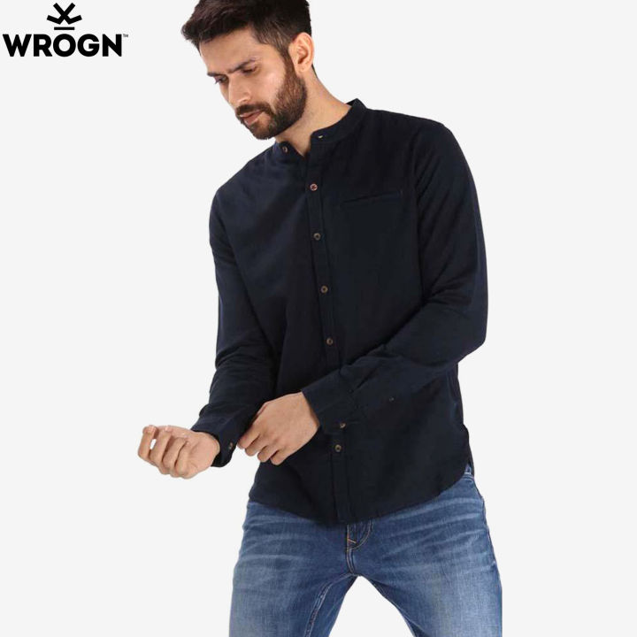 Wrogn Navy Mandarin Collar Shirt for Men