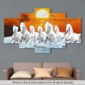 5 Panel Custom Manipulated seven white horse Significant on Vastu Matte Canvas Cotton Print Large Size. 
