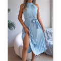 Women'S 2025 Summer Sleeveless Halter Neck Pleated Midi Cocktail Dresses A Line Flowy Beach Sun Dress. 