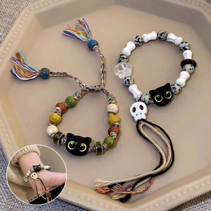 Ceramic Big Eye Cat Bracelets Fashion Adjustable Size Tassels Braided Rope Bracelet Skull Accessories Hand Jewelry Creek