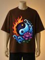 Yin Yang Lotus | Fire-Water Art Printed T-Shirt-Blue, Black, Brown. 