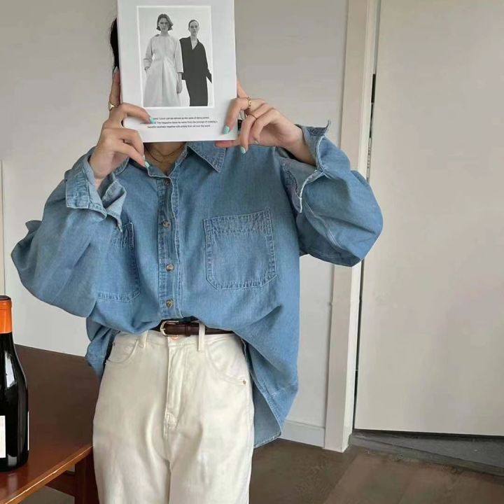 Plain Jeans Baggy Formal Shirt with Pocket for Women