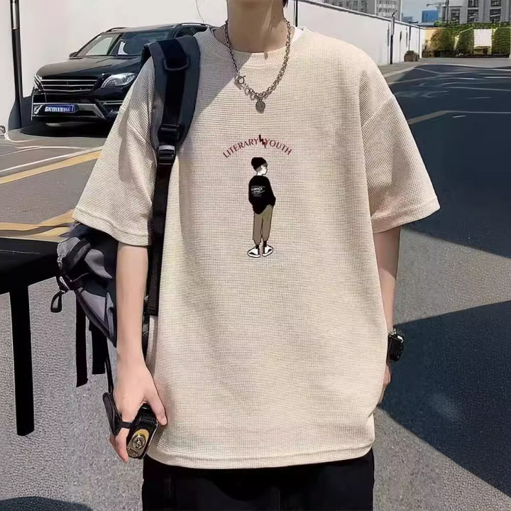 FUIV%20Heavy%20Waffle%20Short%20Sleeve%20T-Shirt%20Men's%20Summer%20Fashion%20Brand%20Loose%20Men's%20Hong%20Kong%20Style%20Plus%20Size%20Print%20Five-and-a-half%20Sleeves%20-%20Image%204