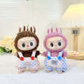 Clothing Only] 17cm Blind Box Doll Keychain Labubu Plush Toy Clothes Pink and White Plaid Overalls Cute. 