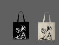 Tribal Wolf & Female Silhouette Printed Tote Bag | Artistic Eco-Friendly Cotton Shoulder Bag -White, Black. 