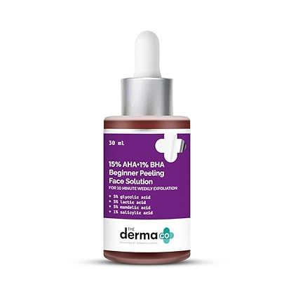 The Derma Co 15% AHA + 1% BHA Beginner Facial Exfoliant Solution | Helps Clear Clogged Pores, Acne Marks & Wrinkles | 10 Min Deep Exfoliation | 1.01 Fl Oz/30ml