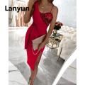 Lanyun Spring Summer Solid Color Sequins Dress Single-Shoulder Suspender Original One-Piece Meeting Dress Long High Waist Dresses. 