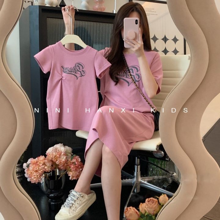 Korean%20style%20children's%20clothing%20parent-child%20Women's%20clothing%20summer%20letter%20knotted%20straight%20dress%20girls%20loose%20casual%20T-shirt%20dress%20-%20Image%203
