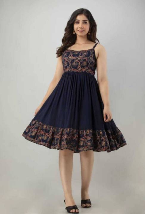 Women Fit and Flare Dark Blue Dress one piece Traditional Ethnic wear for Occasion Casual Festive Party  comfy wear