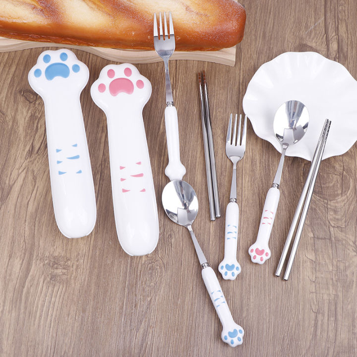 Portable%20Camping%20Spoon%20Set%20Cat's%20Paw%20Cartoon%20Stainless%20Steel%20Spoon%20Fork%20Chopsticks%20Tableware%20Student%20Outdoor%20Kitchen%20Accessories%20-%20Image%202