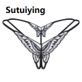 Sutuiying 【Poggioio】Women Sequin Micro Thong Lingerie Open Crotch G-String Butterfly Embroidery T-Back Panty Low Rise Underwear Majtki Damskie. 