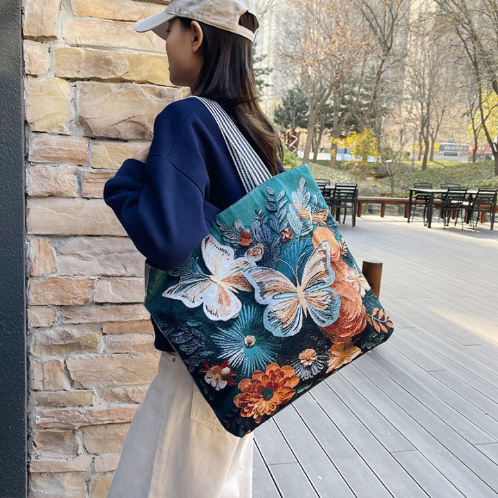 Women's Butterfly 3D Embroidered Large Capacity Shoulder Bag Tote Handbag Mommy Shopping Canvas Bag