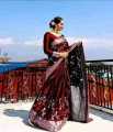 Dark Maroon Banarasi Silk Saree With Unstitched Blouse For Women. 