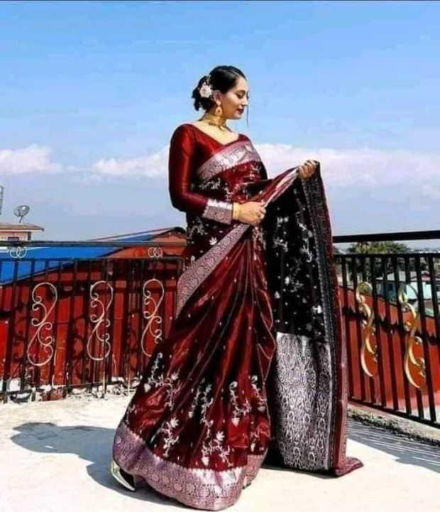 Dark Maroon Banarasi Silk Saree With Unstitched Blouse For Women