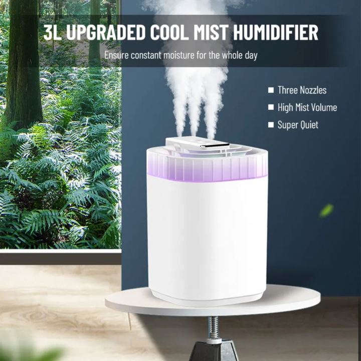 3L Large Capacity Cool Mist Humidifier Three Nozzles Multicolor Light Auto Shut Of