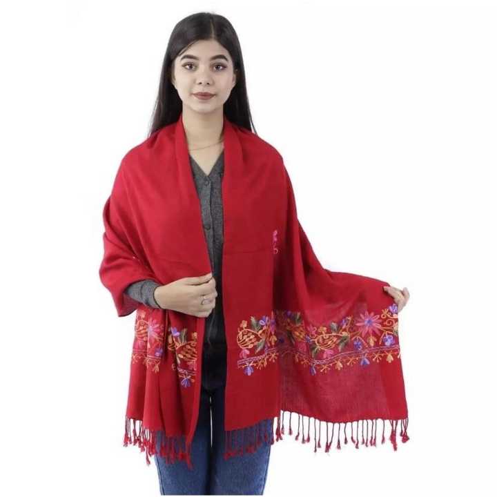Red Acrylic  Half Embroidered Pashmina Shawl For Women
