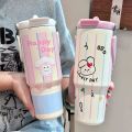 Portable 900ML Thermal Mug With Straw/Handle Large Capacity Straw Cup 201 Stainless Steel Vacuum Cup. 