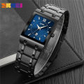 SKMEI 9263 Luxury Men Watch Rectangle Shape Date Display Stainless Steel Quartz Watch - Black/Blue. 
