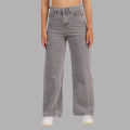 Nepster Light Grey Belt High Rise Non Stretch Straight Jeans For Women. 