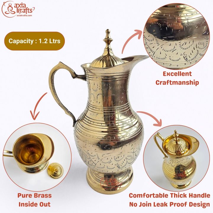 Axia Krafts Royal Golden Jug 1.2 Litres | Brass Jug | Dhalod Jug | Royal Rare Jug | Decor | Decorative items | Room Decor | Axia Krafts
