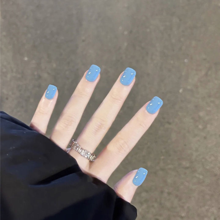 MAANGE 24Pcs Mini Baby Blue Press On Nails With Glue File CS159