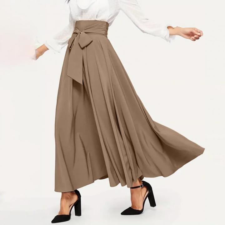 NEW%20Ankle%20solid%20color%20line%20tie%20elegant%20skirt%20women's%20long%20skirt%20with%20high%20waist%20A%20cut%20pleated%20length,%20suitable%20for%20spring%20women%20-%20Image%202