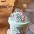 Sutuiying Portable Special Offer Cartoon Cute Rainbow Cup with Straw Double Plastic BPA Free Woman Girl Water Bottle for Juice Milk Coffee 500ml Drinking Tumbler. 