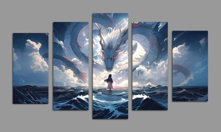 Fantasy%20White%20Dragon%20Ocean%20Wall%20Art%20Printed%20Canvas%E2%80%93%205%20Pcs%20Set%20-%20Image%202