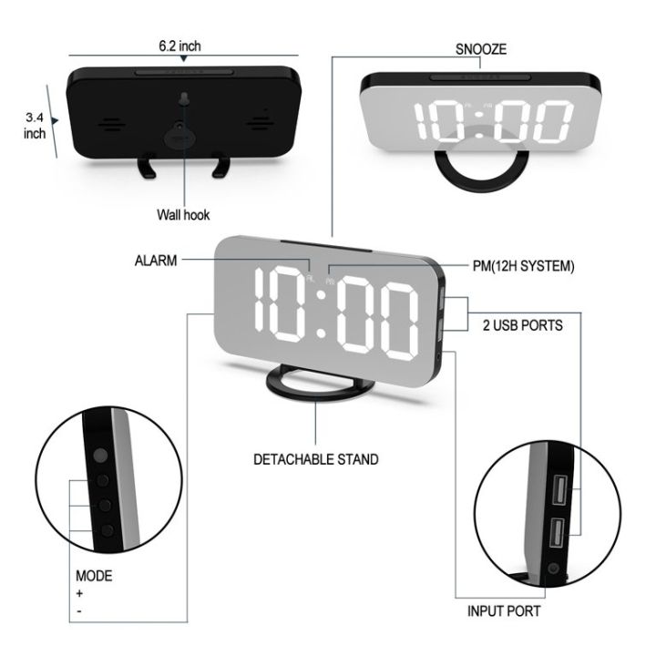 Mirror Digital Alarm Clock 12/24H 2 Time Display Modes LED Clocks