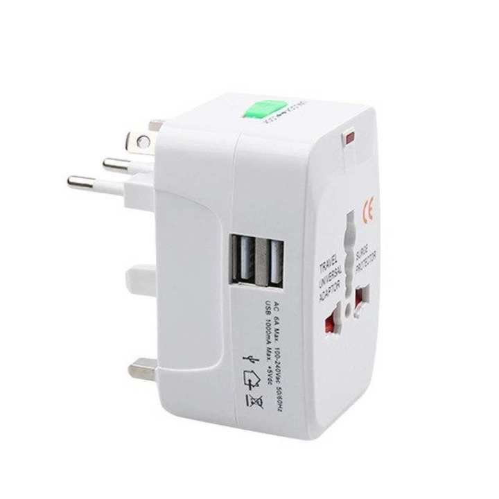 All In One Universal 2 USB Port Plug Travel Adapter-White