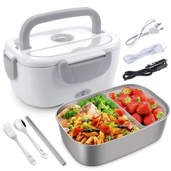 Electric Lunch Box, Portable Food Warmer Heating, Food-Grade Stainless Steel Container, 40W, 1.05Liter Capacity, Home Work Use, With Spoon And 2 Compartments