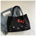 Cute Cartoon Kitty Tote Bag Large Capacity Canvas Shoulder Bag Lightweight Solid Color Travel Printed Handbag. 