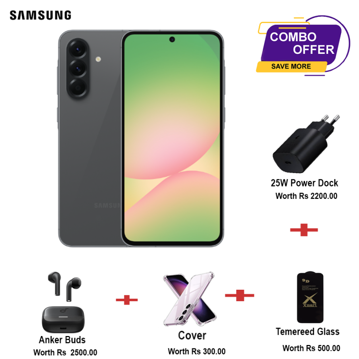 Samsung Galaxy A56 (8GB+256GB) +25W Power Dock + K20 Buds + Mobile Cover + Tempered Glass 5 in 1 Basic Combo