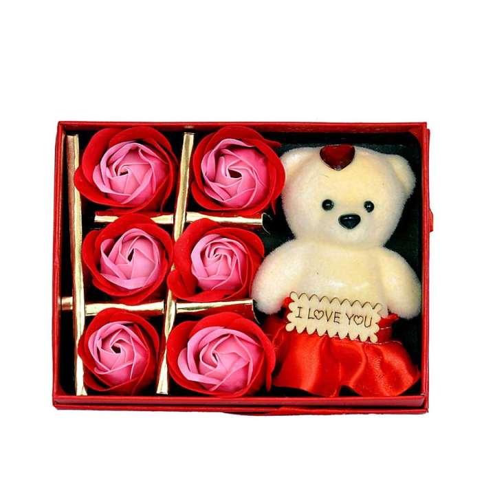 6 Red Roses Soap Flower Gift Box with 1 Teddy Bear Surprise Box for Your Valentine/Girlfriend/Boyfriend/Wife/Husband
