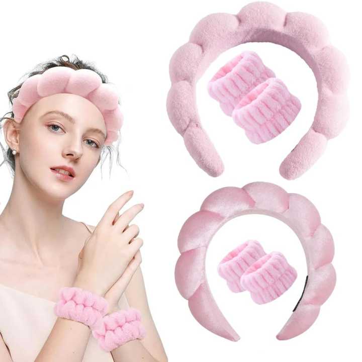 Wholesale Fashion Supplies=Spa Headband Wristband Set Makeup Spa Headband For Washing Face Wrist Washband Scrunchies Cuffs Sponge Padded Headband