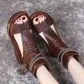 2025 New Bohemian Womens Leather Sandals - Retro Brown Chunky Wedge Peep-Toe Ankle Wrap Espadrille Summer Shoes. 