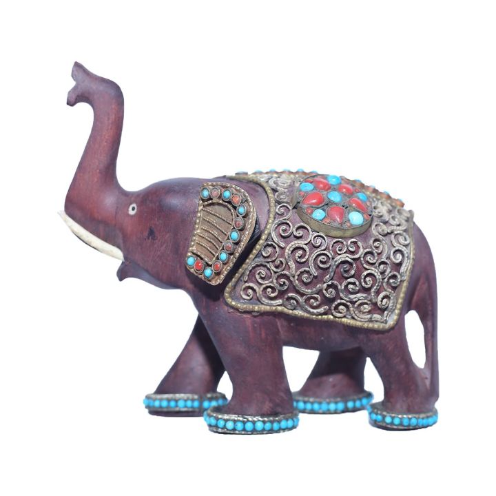 Wooden Elephant Inlaid Turquoise & Red Coral / Designer Elephant ...