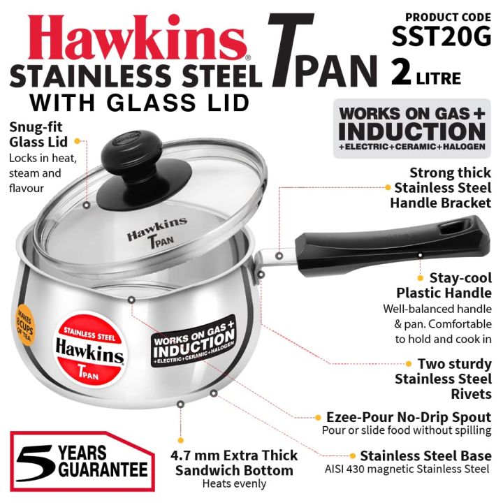 Hawkins 2 Litre Stainless Steel TPan with Glass Lid Induction Saucepan Steel Utensil Silver SST20G Daraz .np